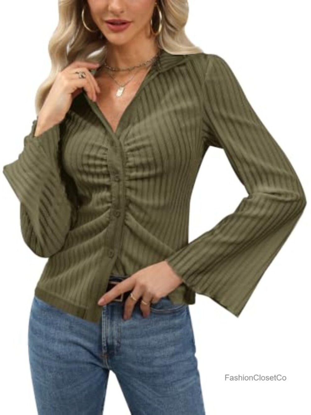 Women's V-Neck Long Sleeve Ruched Collared Blouse Button Down